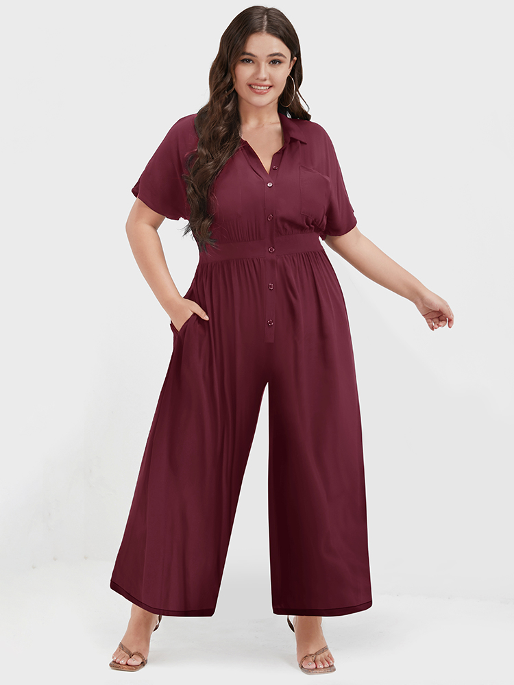 

Plus Size Burgundy Solid Pocket Button Up Shirt Collar Jumpsuit Women Office Short sleeve Shirt collar Work Loose Jumpsuits BloomChic