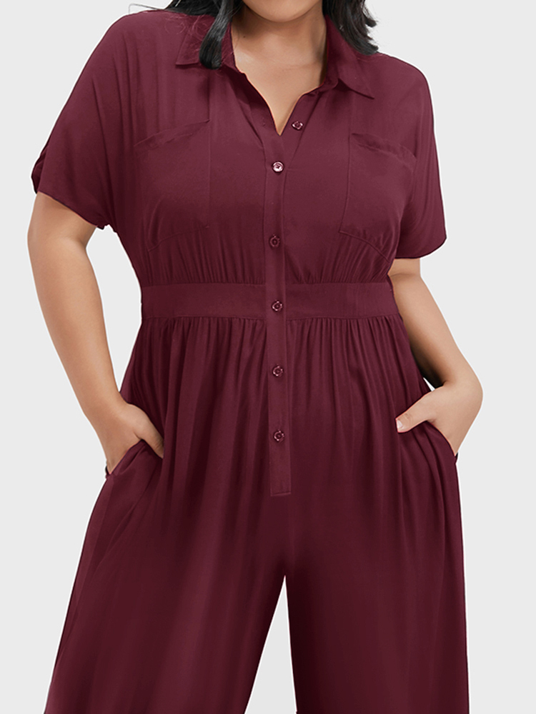 

Plus Size Burgundy Solid Pocket Button Up Shirt Collar Jumpsuit Women Office Short sleeve Shirt collar Work Loose Jumpsuits BloomChic