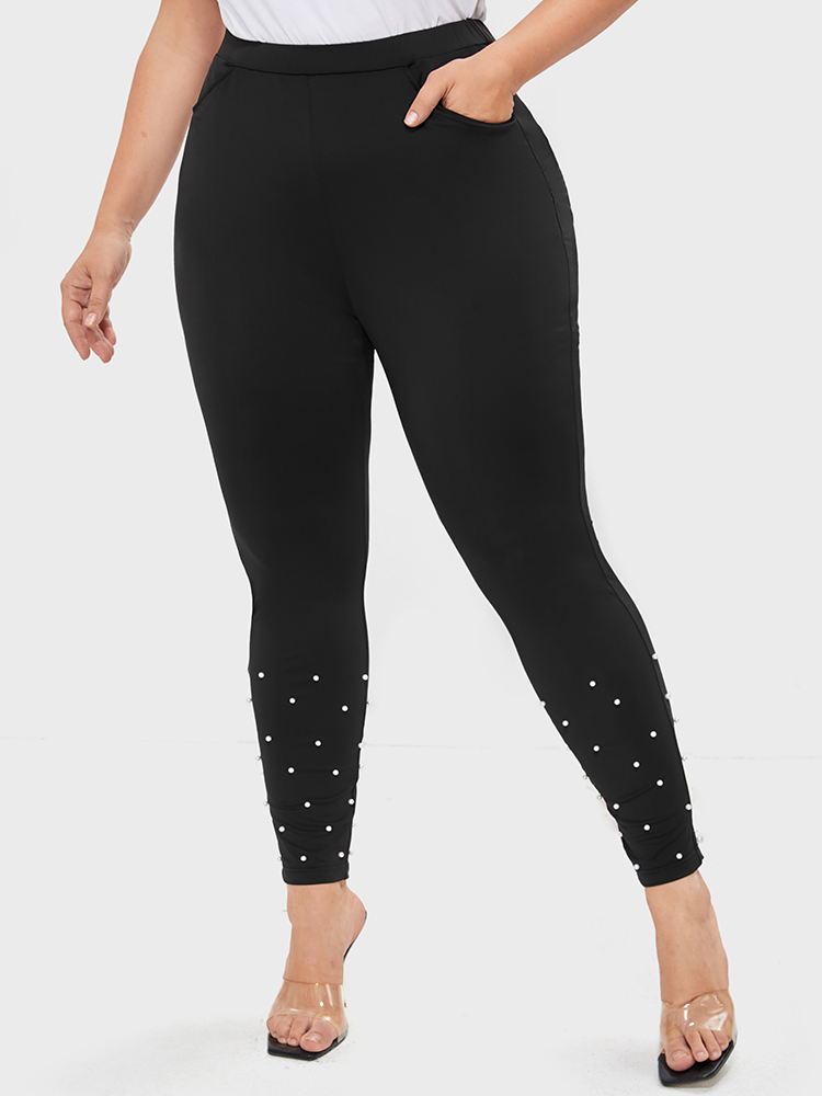 

Plus Size Solid Pocket Beaded Hem Leggings Women Black Party Low stretch Skinny High Rise Going out Leggings BloomChic