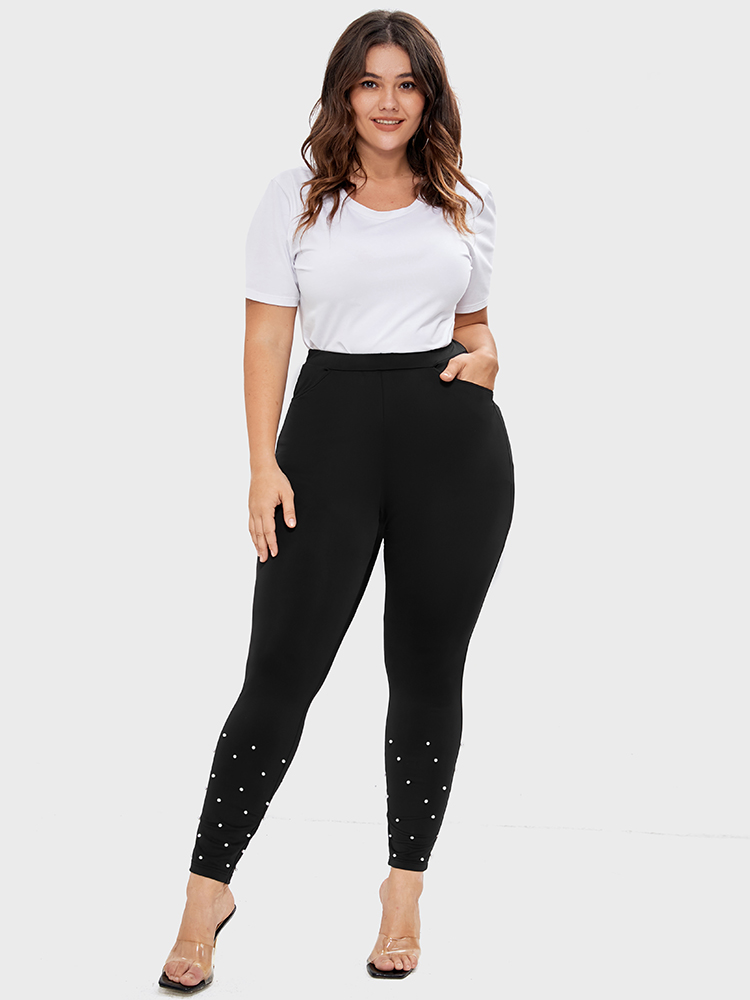 Plus Size Solid Pocket Beaded Hem Leggings Women Black Party Low stretch Skinny High Rise Going out Leggings BloomChic 22-24/3X 