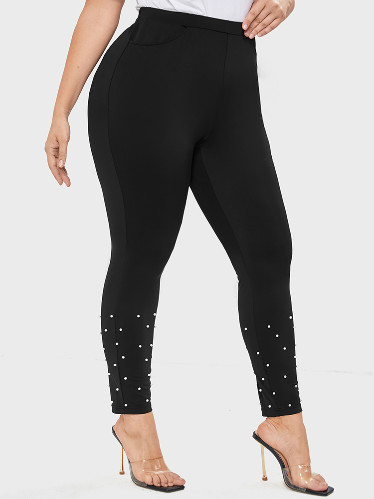 Plus Size Solid Pocket Beaded Hem Leggings Women Black Party Low stretch Skinny High Rise Going out Leggings BloomChic 22-24/3X 