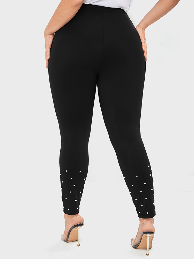 Plus Size Solid Pocket Beaded Hem Leggings Women Black Party Low stretch Skinny High Rise Going out Leggings BloomChic 22-24/3X 