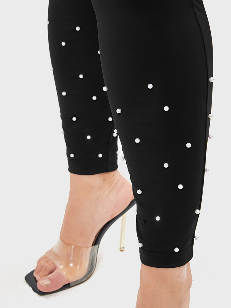 

Plus Size Solid Pocket Beaded Hem Leggings Women Black Party Low stretch Skinny High Rise Going out Leggings BloomChic