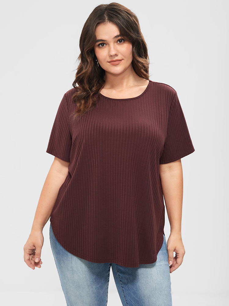 

Plus Size Plain Button Back Rib Knit Tee Burgundy Women Elegant Button Plain Round Neck Dailywear T-shirts BloomChic