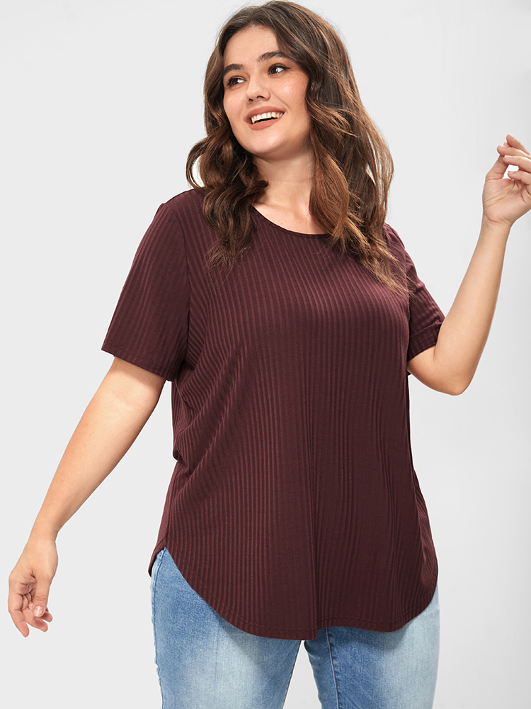 

Plus Size Plain Button Back Rib Knit Tee Burgundy Women Elegant Button Plain Round Neck Dailywear T-shirts BloomChic