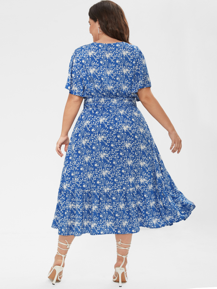 

Plus Size Floral Ruffles Shirred Pocket Button Midi Dress LightBlue Women Gathered Round Neck Short sleeve Curvy Midi Dress BloomChic