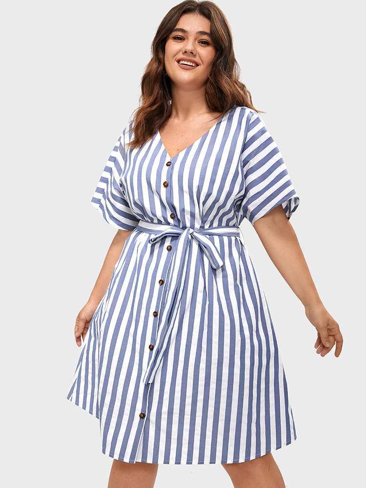 

Plus Size Striped V Neck Button Belted Knee Dress Blue Women Office Gathered V-neck Short sleeve Curvy BloomChic