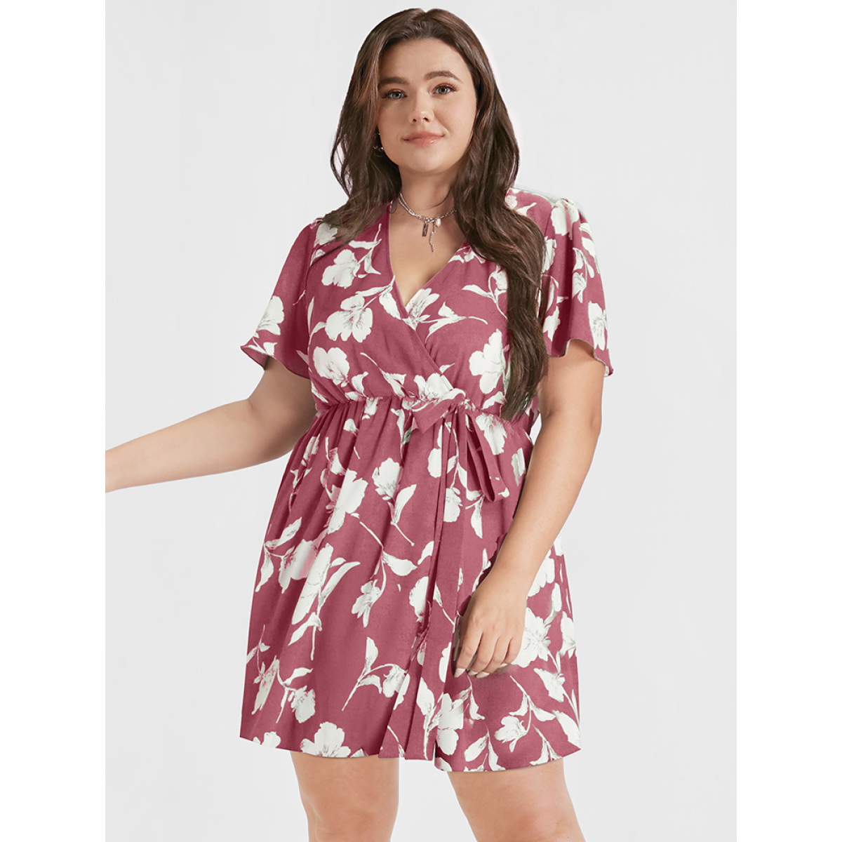 

Plus Size Floral Ruffle Knot Side Wrap Romper DustyPink Ditsy Floral Elegant Dailywear  Rompers Bloomchic
