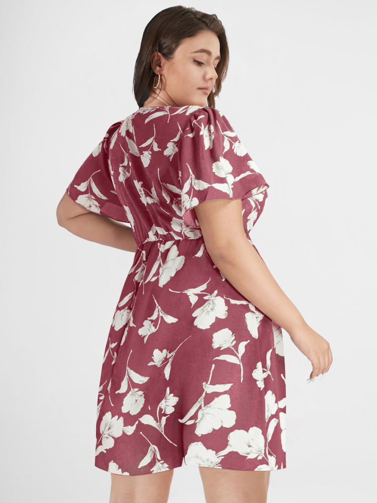 

Plus Size Floral Ruffle Knot Side Wrap Romper DustyPink Ditsy Floral Elegant Dailywear  Rompers Bloomchic