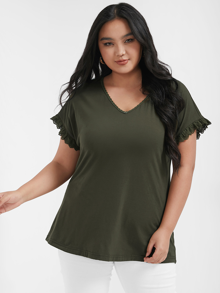 

Solid Lace Trim V Neck T-shirt, Green