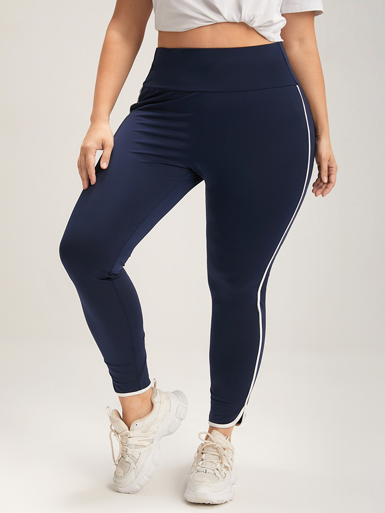 

Plus Size Solid Wide Waistband Contrast Trim Skinny Leggings Women DarkBlue Casual High stretch Skinny High Rise Dailywear Leggings BloomChic