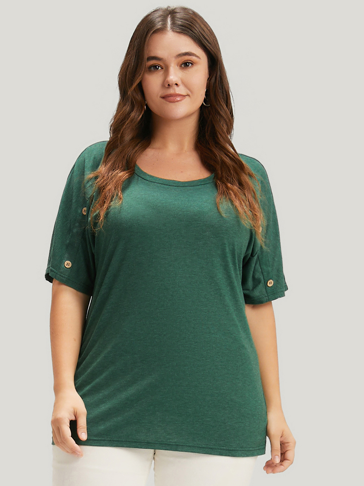 

Plus Size Solid Round Neck Button Raglan Sleeve Modal T-shirt Green Women Casual Button Plain Round Neck Dailywear T-shirts BloomChic