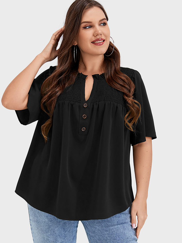 

Plus Size Black Solid Shirred Frill Trim Button Notched Neck Blouse Women Elegant Short sleeve Dailywear Blouses BloomChic