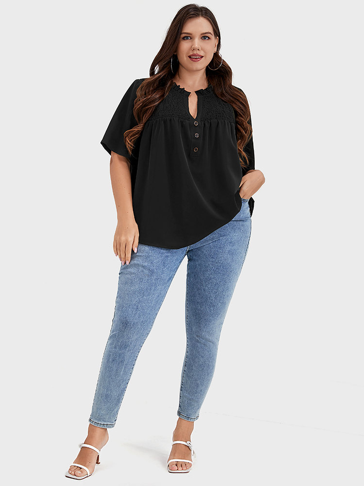 

Plus Size Black Solid Shirred Frill Trim Button Notched Neck Blouse Women Elegant Short sleeve Dailywear Blouses BloomChic