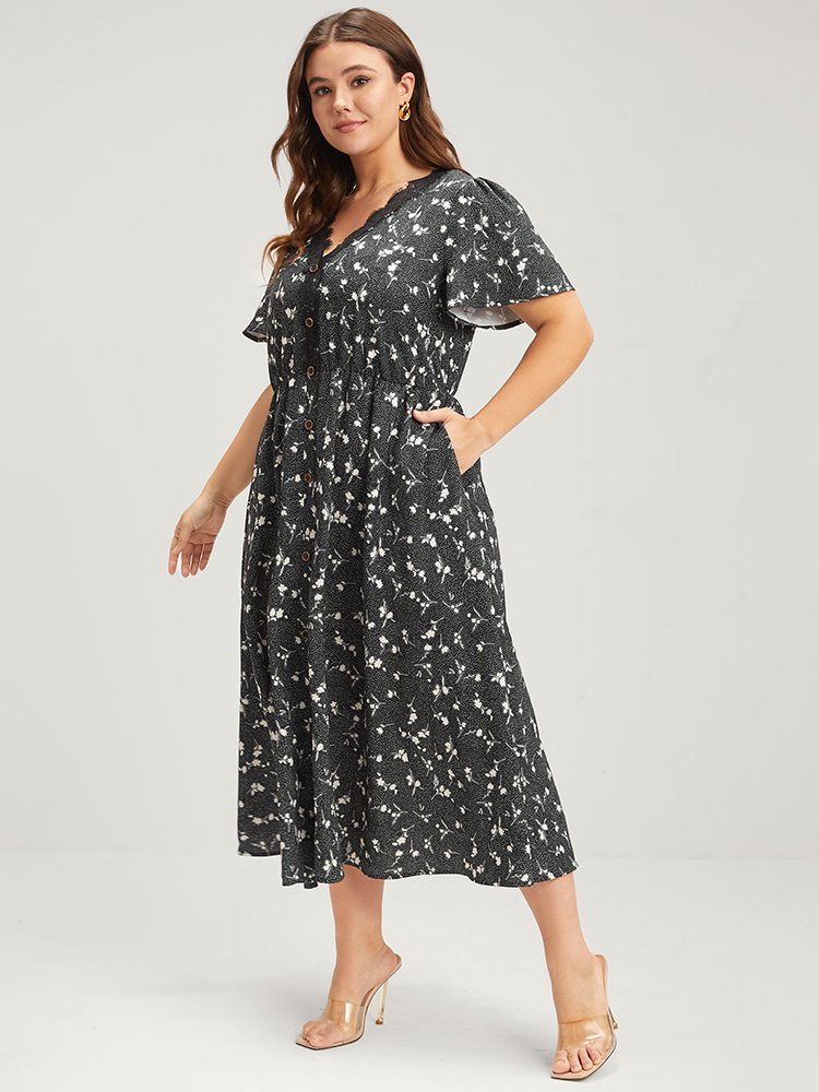 

Plus Size Floral Flutter Button Eyelet Lace Pocket Split Midi Dress Black Women Elegant Button V-neck Short sleeve Curvy Midi Dress BloomChic