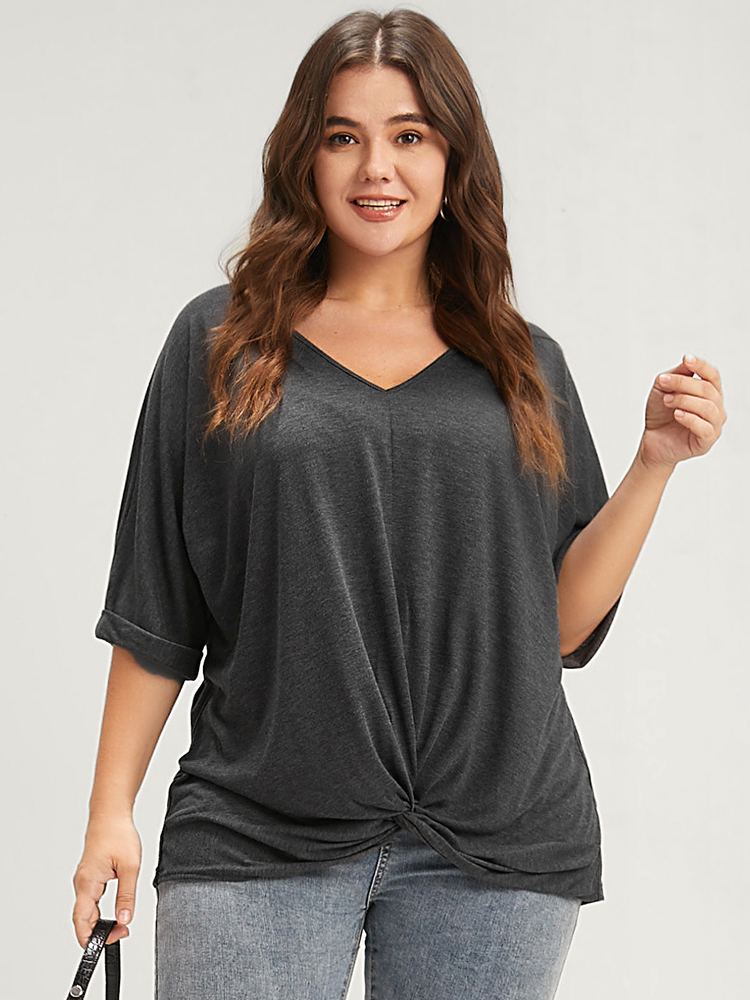 

Plus Size Solid Cuffed Sleeve Twist Front V Neck T-shirt Black V-neck Short sleeve Casual Jersey Tops