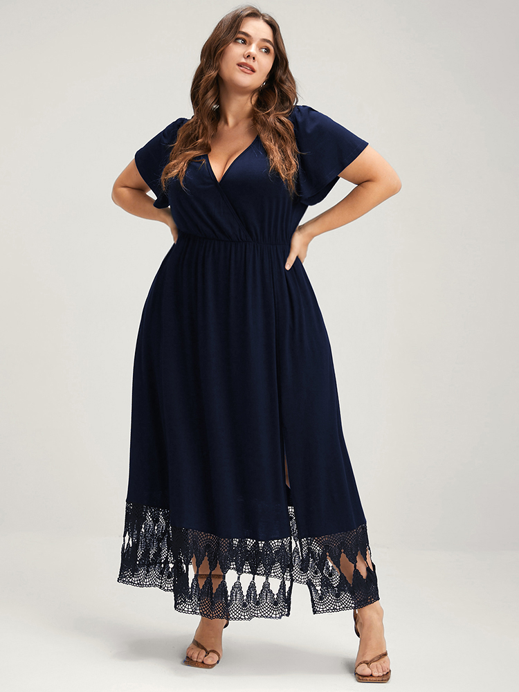 

Plus Size Solid Pocket Lace Hem Modal Button Split Wrap Dress Navy Women Elegant Patchwork V-neck Short sleeve Curvy Long Dress BloomChic