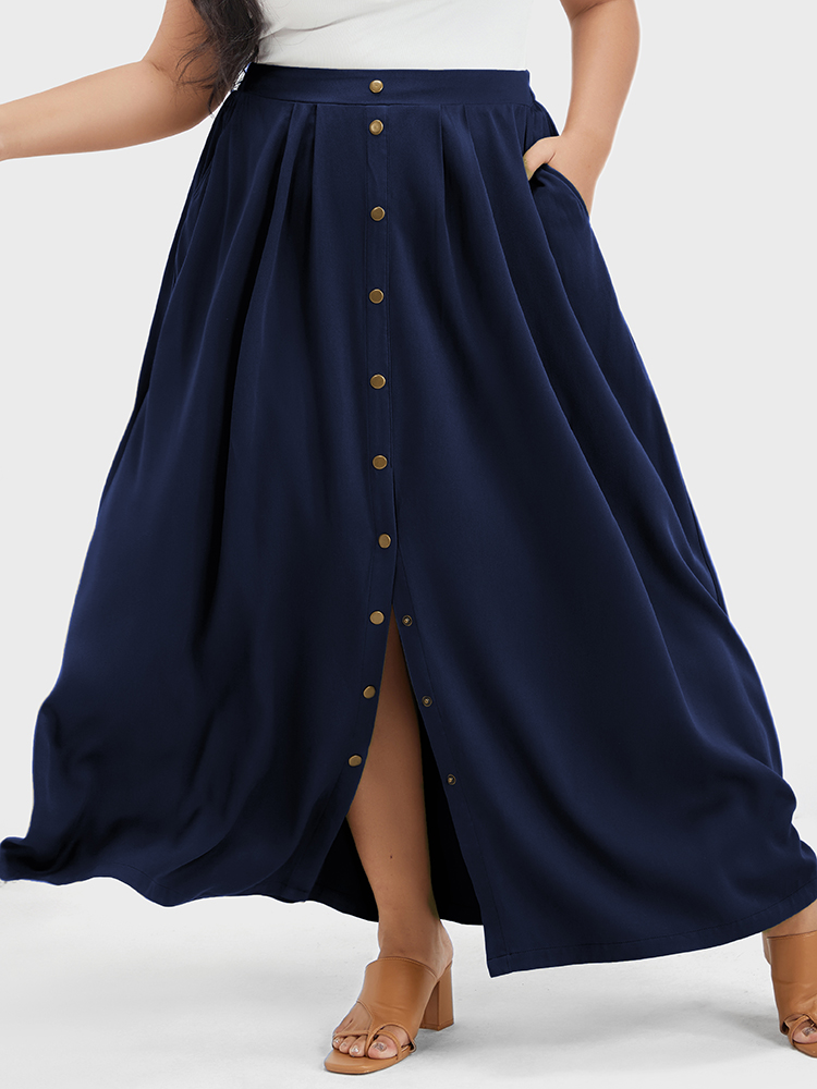 

Plus Size Women Plain Button Elegance Maxi Skirts Dailywear Pocket Skirts BloomChic, Darkblue