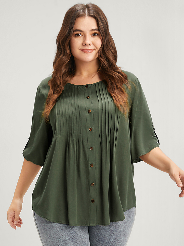 

Plus Size ArmyGreen Solid Button Pleated Round Neck Blouse Women Office Short sleeve Round Neck Work Blouses BloomChic