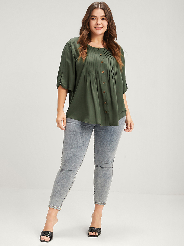 Plus Size ArmyGreen Solid Button Pleated Round Neck Blouse Women Office Short sleeve Round Neck Work Blouses BloomChic 30/6X 