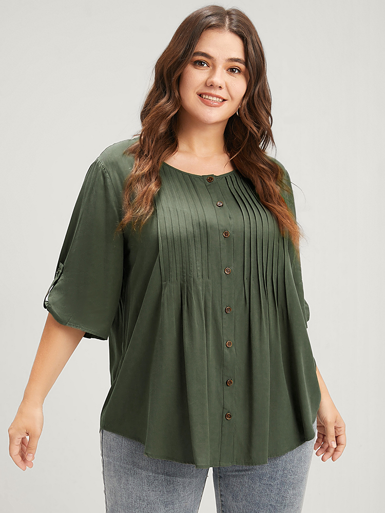 Plus Size ArmyGreen Solid Button Pleated Round Neck Blouse Women Office Short sleeve Round Neck Work Blouses BloomChic 30/6X 