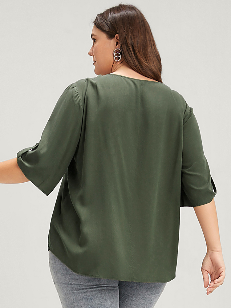 Plus Size ArmyGreen Solid Button Pleated Round Neck Blouse Women Office Short sleeve Round Neck Work Blouses BloomChic 30/6X 