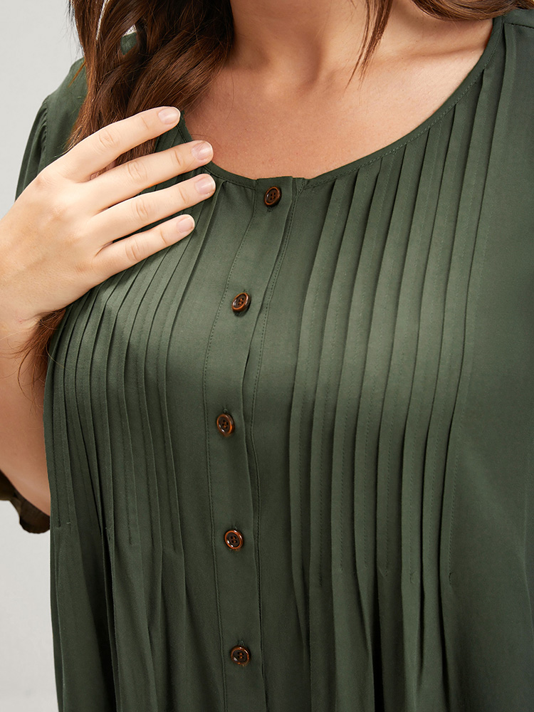 Plus Size ArmyGreen Solid Button Pleated Round Neck Blouse Women Office Short sleeve Round Neck Work Blouses BloomChic 30/6X 