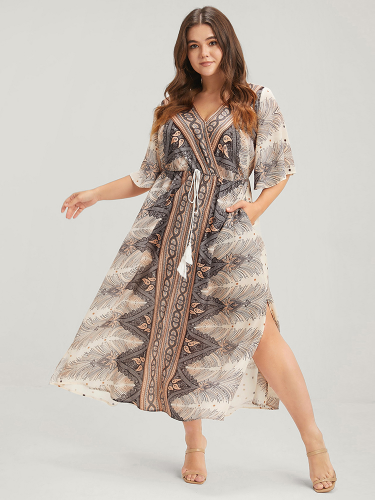 

Plus Size Bandana Ruffles Button Split Pocket Ties Wrap Maxi Dress Apricot Women Vacation Printed V-neck Half Sleeve Curvy Long Dress BloomChic