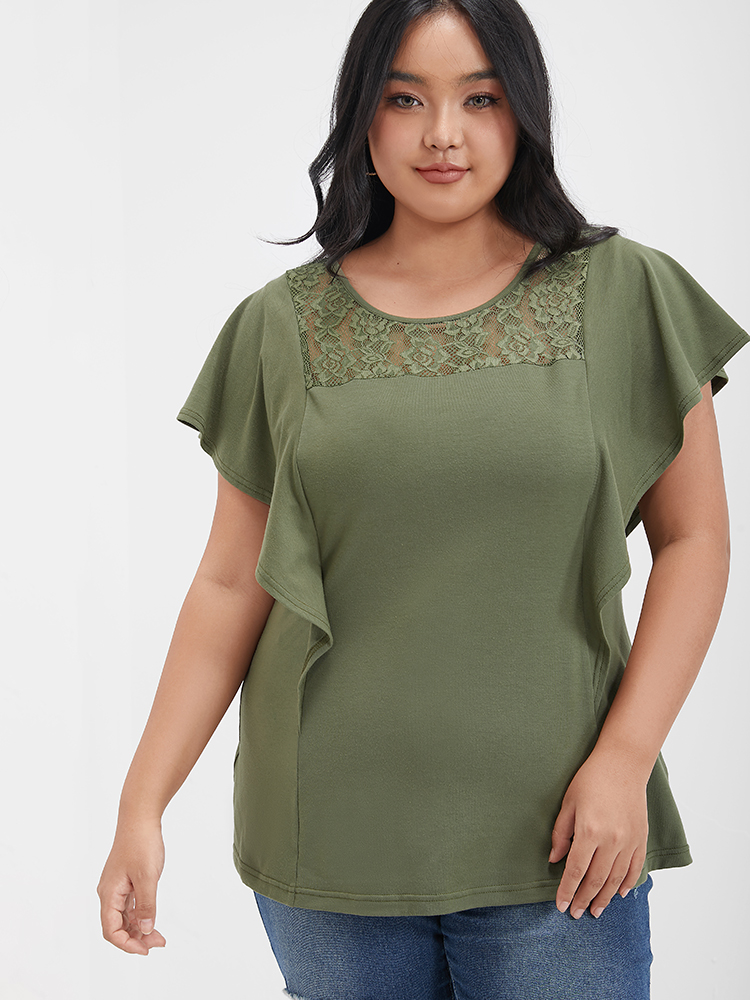 

Solid Ruffled Crochet Lace Round Neck T-shirt, Armygreen