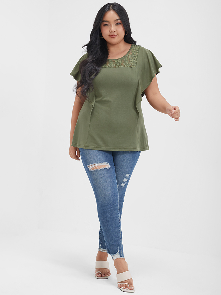 

Plus Size Solid Ruffled Crochet Lace Round Neck T-shirt ArmyGreen Women Elegant Plain Plain Round Neck Dailywear T-shirts BloomChic