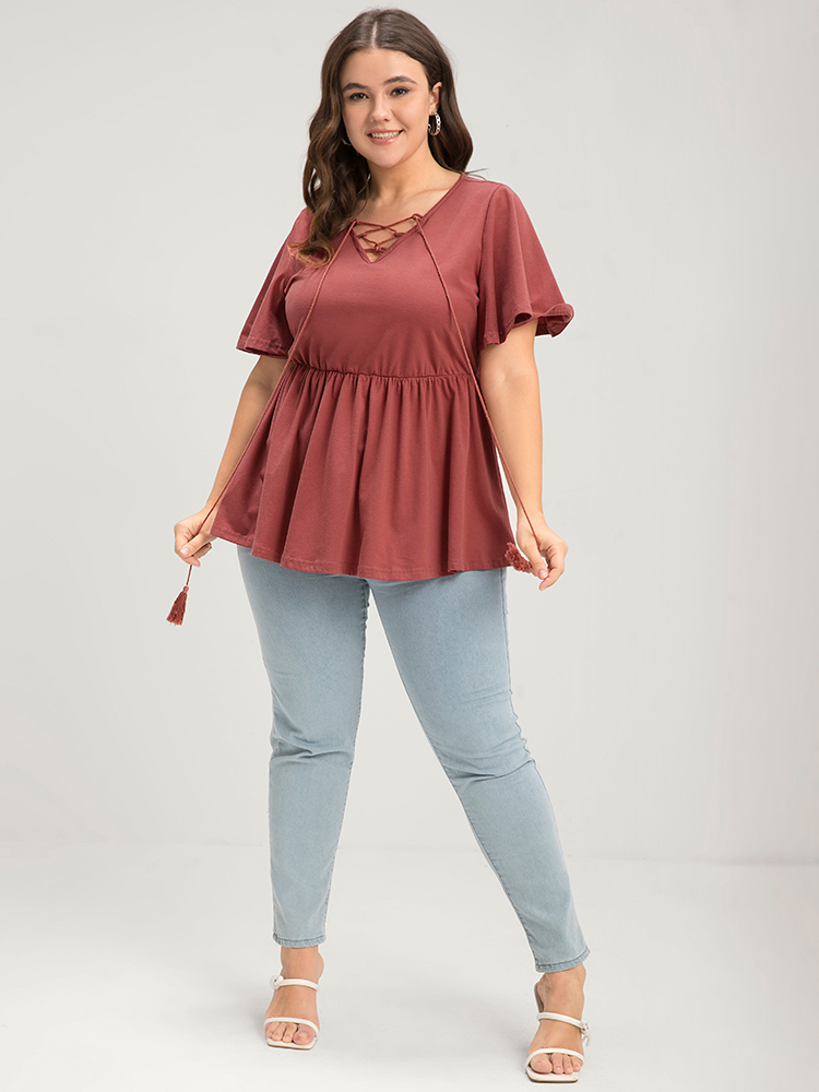 

Plus Size Solid V Neck Ruffles Elastic Waist Lace Up T-shirt Salmon V-neck Short sleeve Casual Jersey Tops