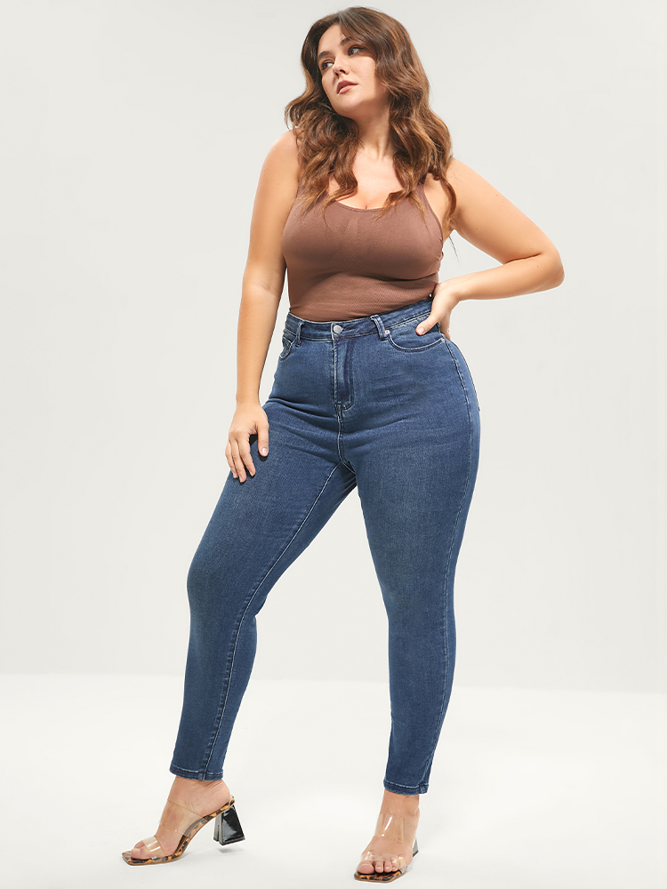 Plus Size Skinny Extremely Stretchy High Rise Medium Wash Sculpt Waist Jeans Women Blue Casual Plain Tummy control Super stretch Pocket Jeans BloomChic 22/3X 