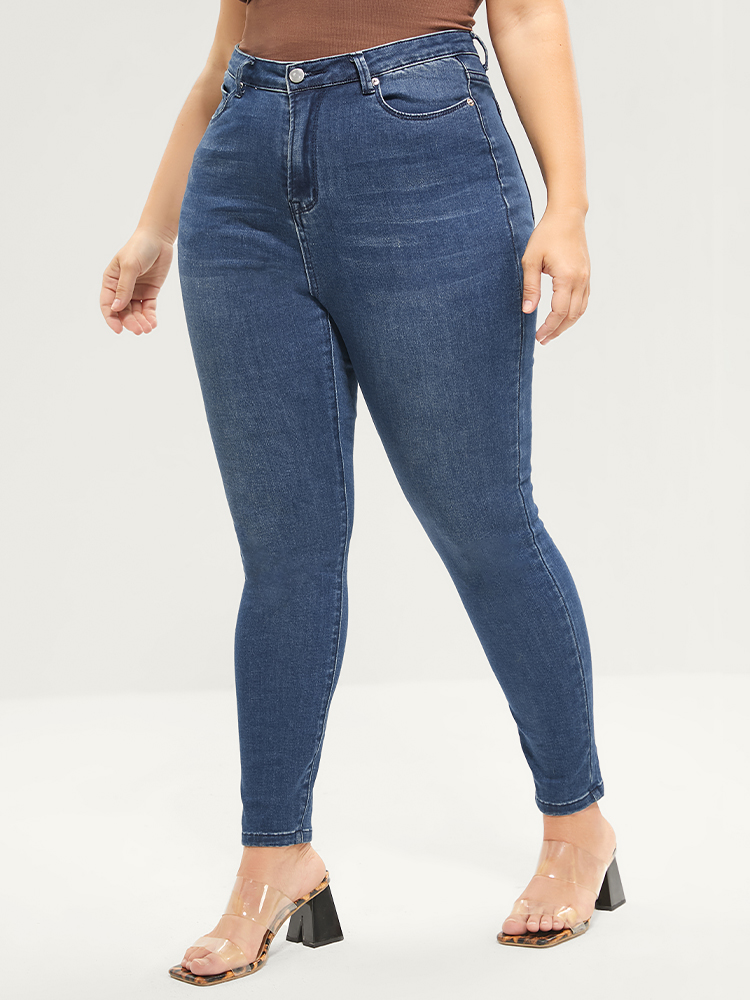 Plus Size Skinny Extremely Stretchy High Rise Medium Wash Sculpt Waist Jeans Women Blue Casual Plain Tummy control Super stretch Pocket Jeans BloomChic 22/3X 
