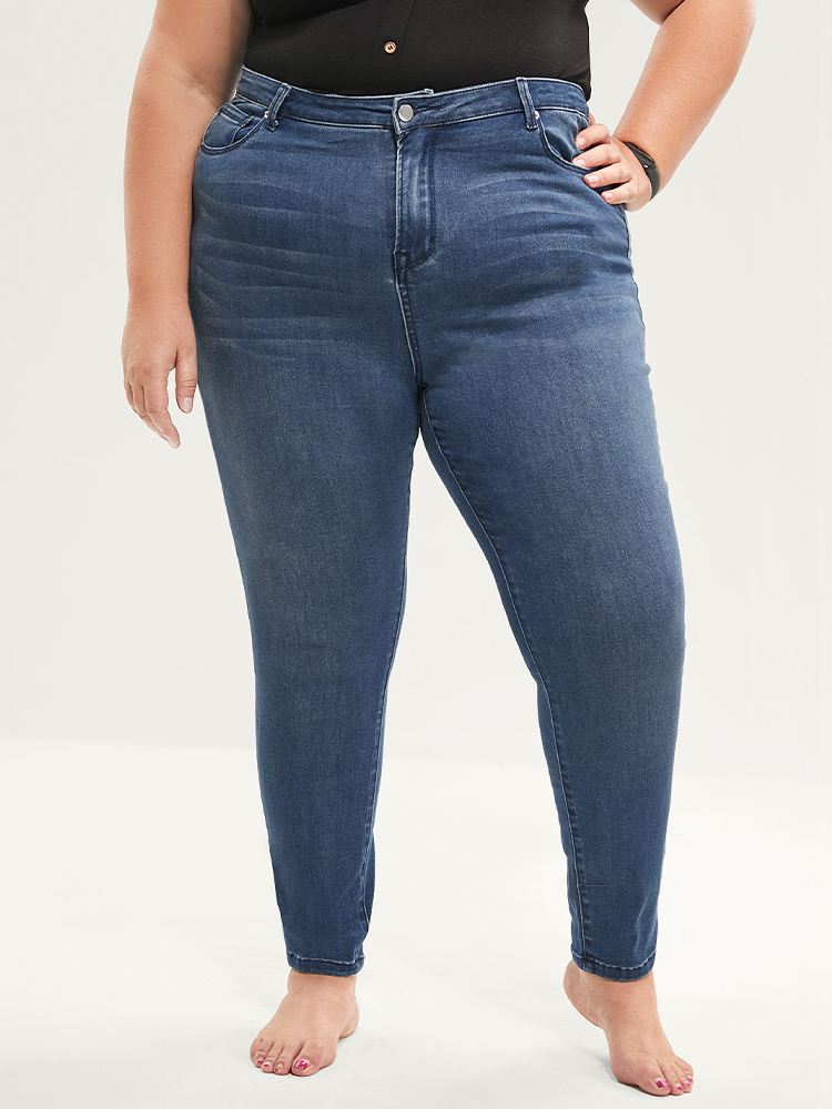 Plus Size Skinny Extremely Stretchy High Rise Medium Wash Sculpt Waist Jeans Women Blue Casual Plain Tummy control Super stretch Pocket Jeans BloomChic 22/3X 