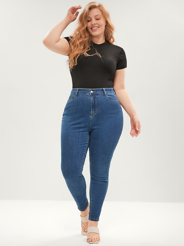 Plus Size Women Dailywear Patchwork High stretch Skinny Medium Wash Casual Jeans BloomChic 