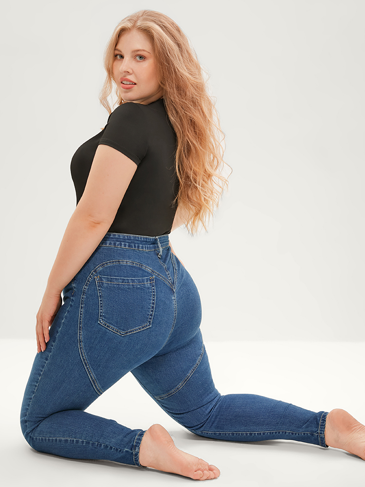 Plus Size Women Dailywear Patchwork High stretch Skinny Medium Wash Casual Jeans BloomChic 