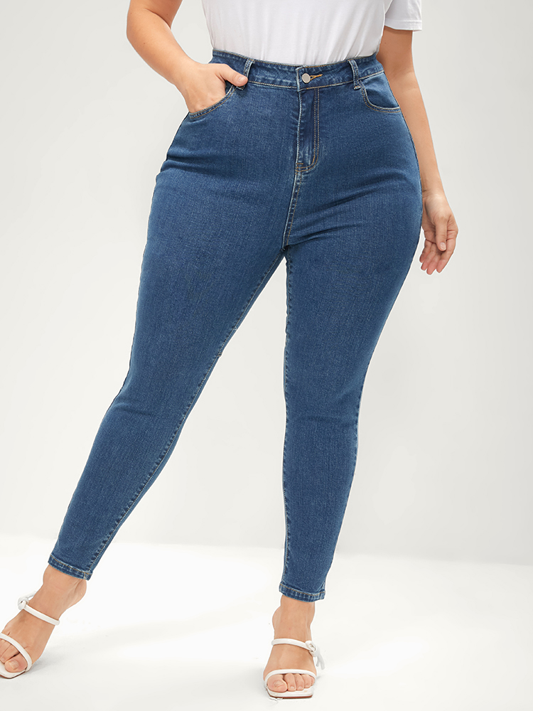 Plus Size Women Dailywear Patchwork High stretch Skinny Medium Wash Casual Jeans BloomChic 