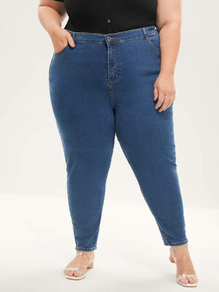Plus Size Women Dailywear Patchwork High stretch Skinny Medium Wash Casual Jeans BloomChic 
