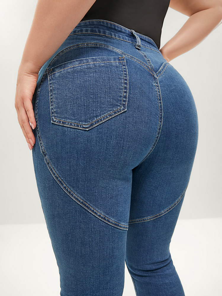 Plus Size Women Dailywear Patchwork High stretch Skinny Medium Wash Casual Jeans BloomChic 