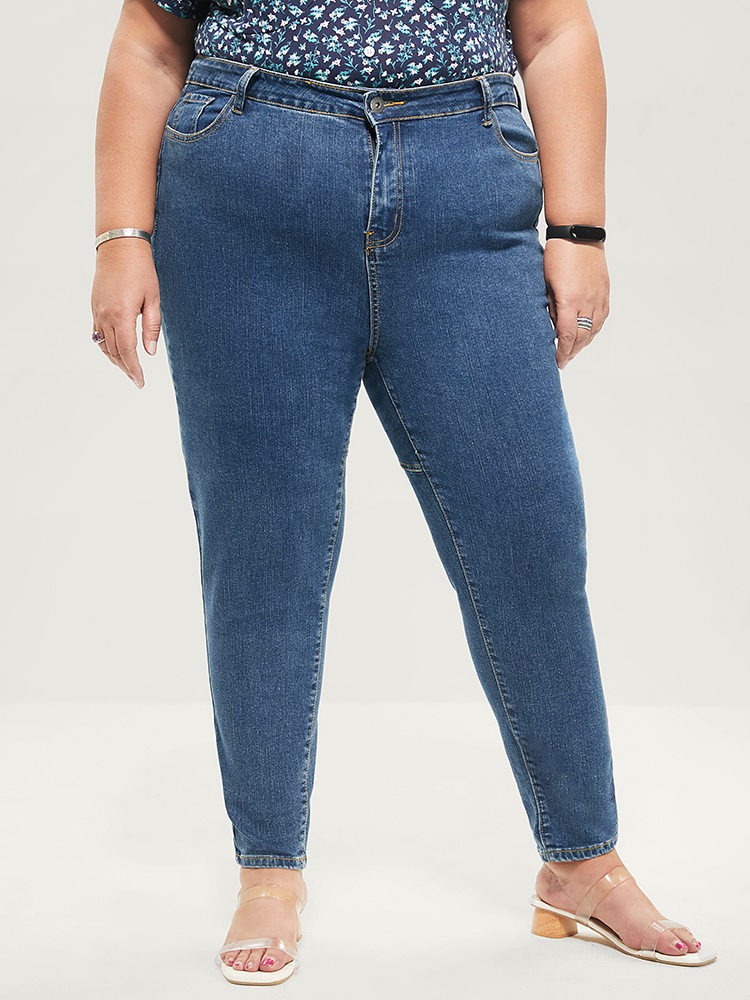 Plus Size Women Dailywear Patchwork High stretch Skinny Medium Wash Casual Jeans BloomChic 