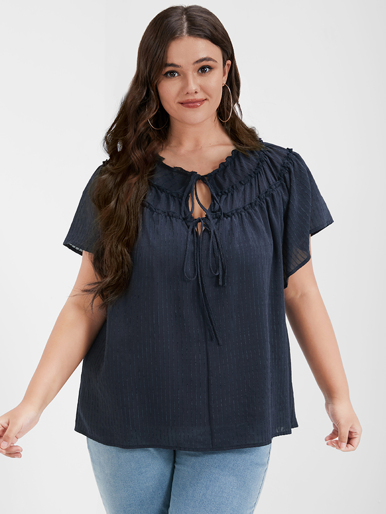

Plus Size DarkBlue Solid Ruffled Ties Front Keyhole Blouse Women Casual Short sleeve V-neck Dailywear Blouses BloomChic