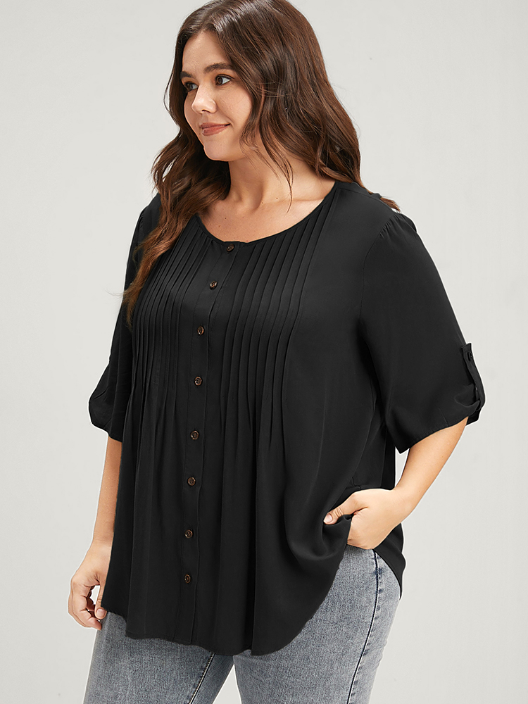 Plus Size Black Solid Button Pleated Round Neck Blouse Women Office Short sleeve Round Neck Work Blouses BloomChic 14-16/1X 