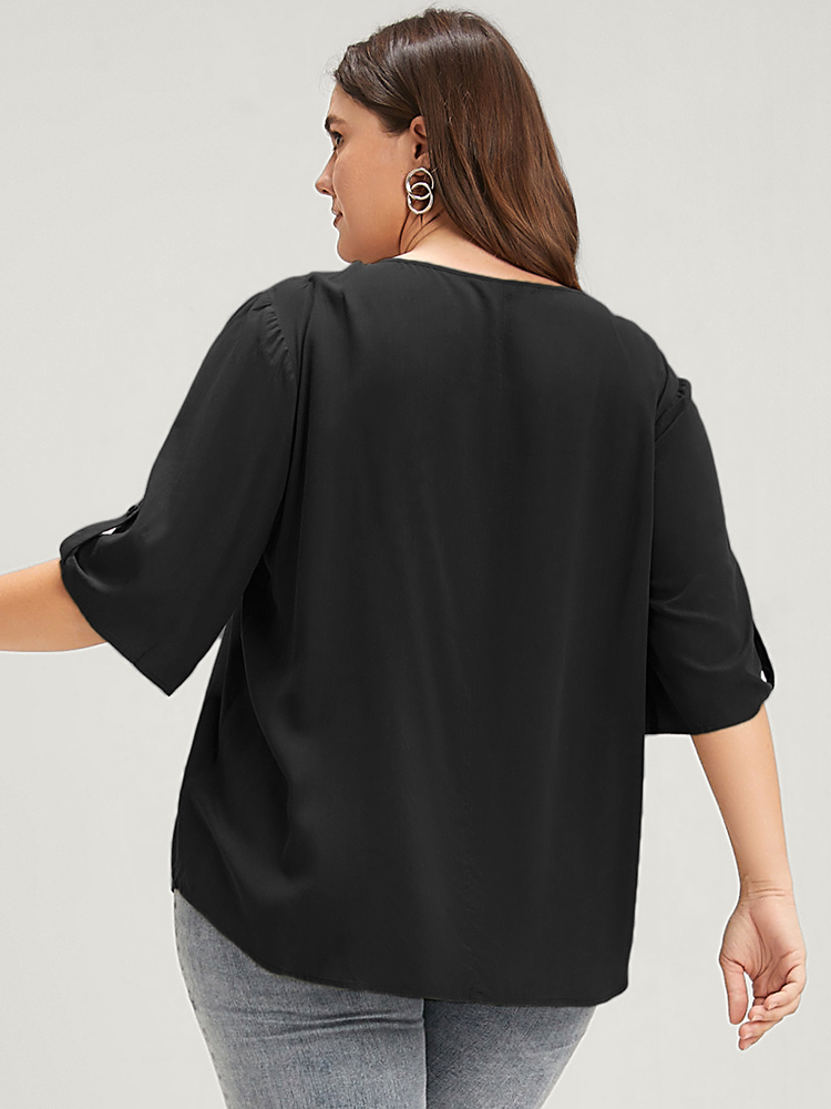 Plus Size Black Solid Button Pleated Round Neck Blouse Women Office Short sleeve Round Neck Work Blouses BloomChic 14-16/1X 
