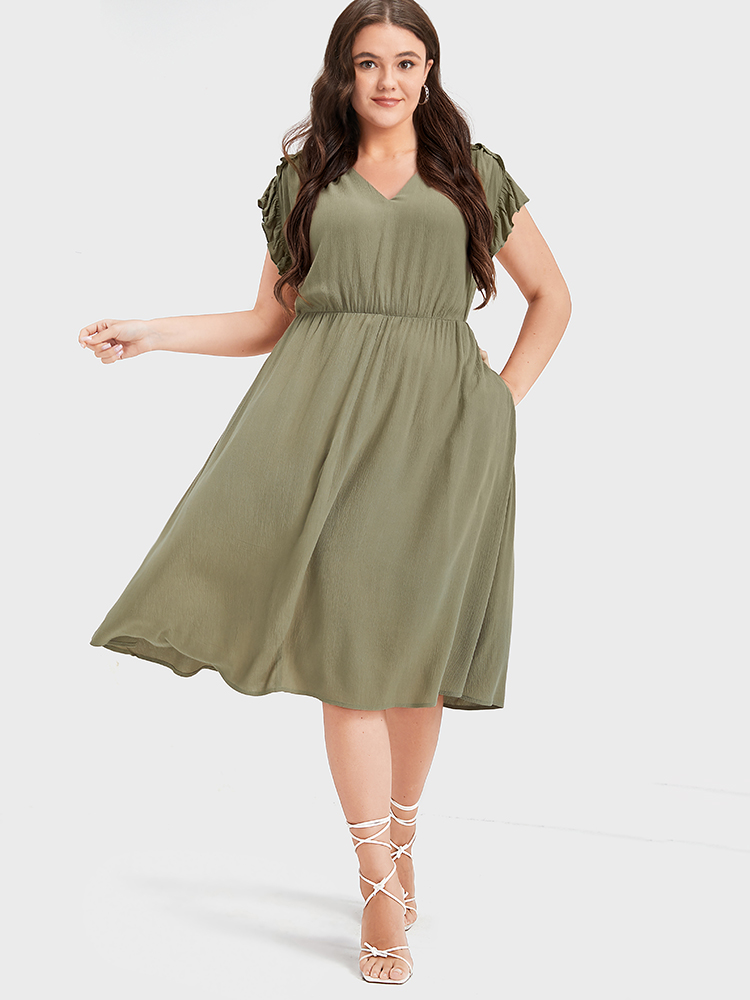 Plus Size Women Dailywear Plain Plain Ruffle Sleeve Cap Sleeve V-neck Pocket Elegant Dresses BloomChic 