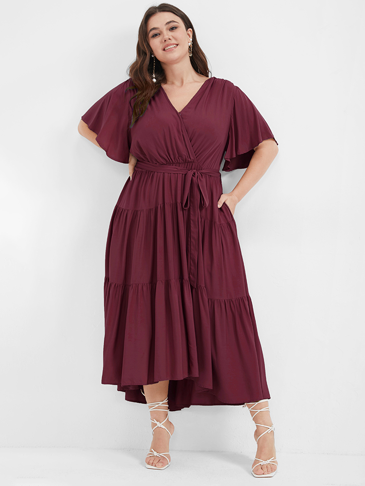 

Plus Size Solid Button Pocket Belted Ruffles Wrap Midi Dress Burgundy Women Elegant Cross straps V-neck Short sleeve Curvy Long Dress BloomChic