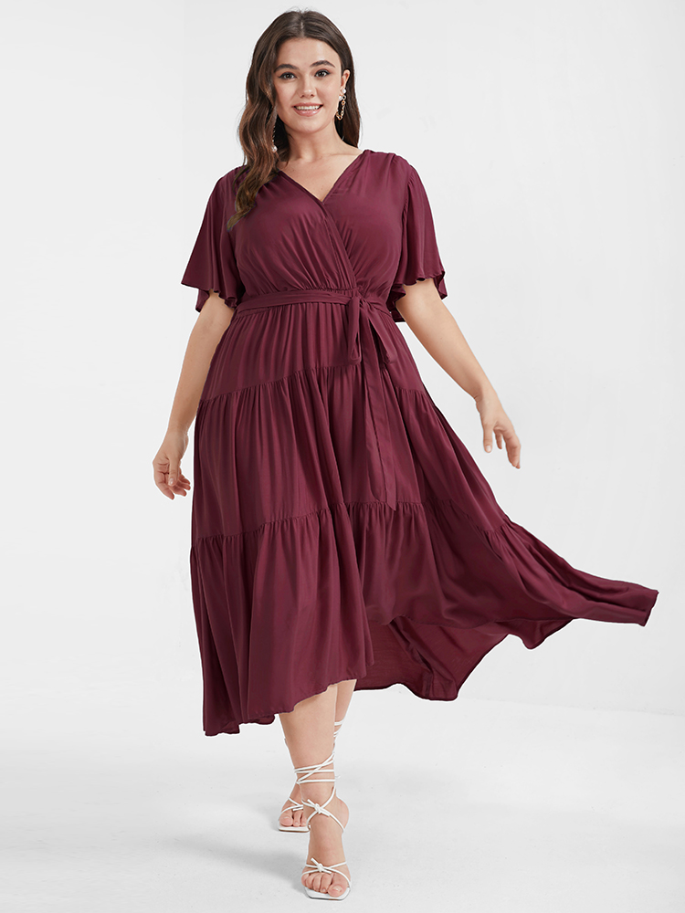 

Plus Size Solid Button Pocket Belted Ruffles Wrap Midi Dress Burgundy Women Elegant Cross straps V-neck Short sleeve Curvy Long Dress BloomChic