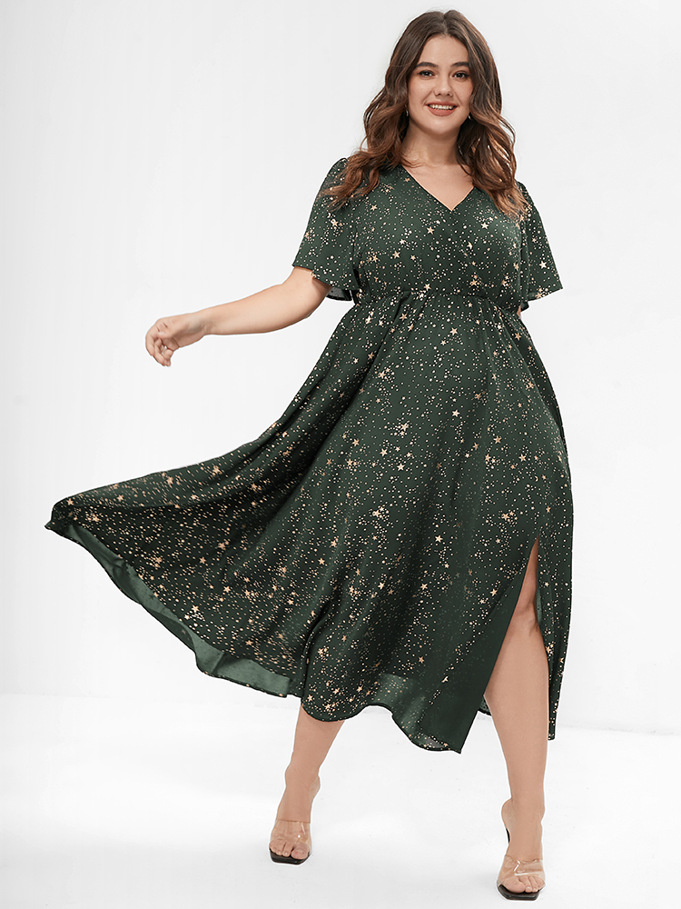 

Moon and Star Galaxy Print Plus Size Dress Women Party Pocket Ruffle Sleeve Short Sleeve V Neck Pocket Going out Long Dress BloomChic, Armygreen