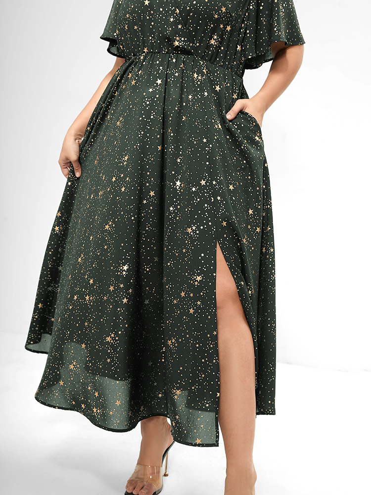 

Moon and Star Galaxy Print Plus Size Dress Women Party Pocket Ruffle Sleeve Short Sleeve V Neck Pocket Going out Long Dress BloomChic, Armygreen