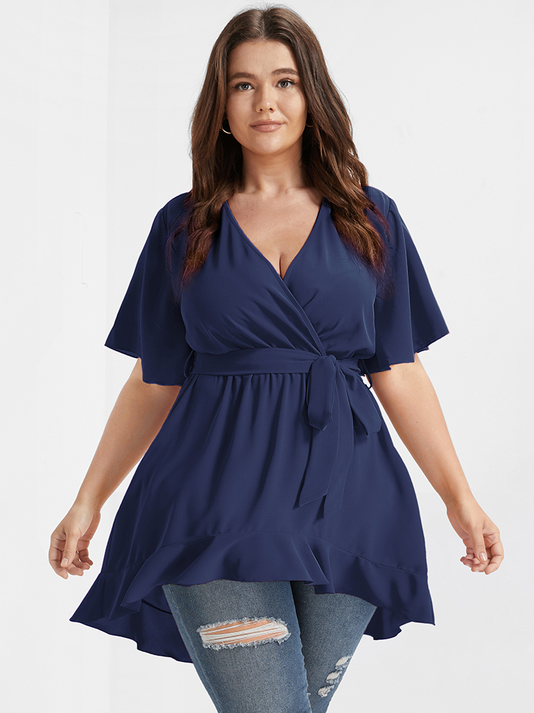 

Plus Size DarkBlue Solid Belted Asymmetrical Hem Flutter Wrap Blouse Women Elegant Short sleeve V-neck Dailywear Blouses BloomChic