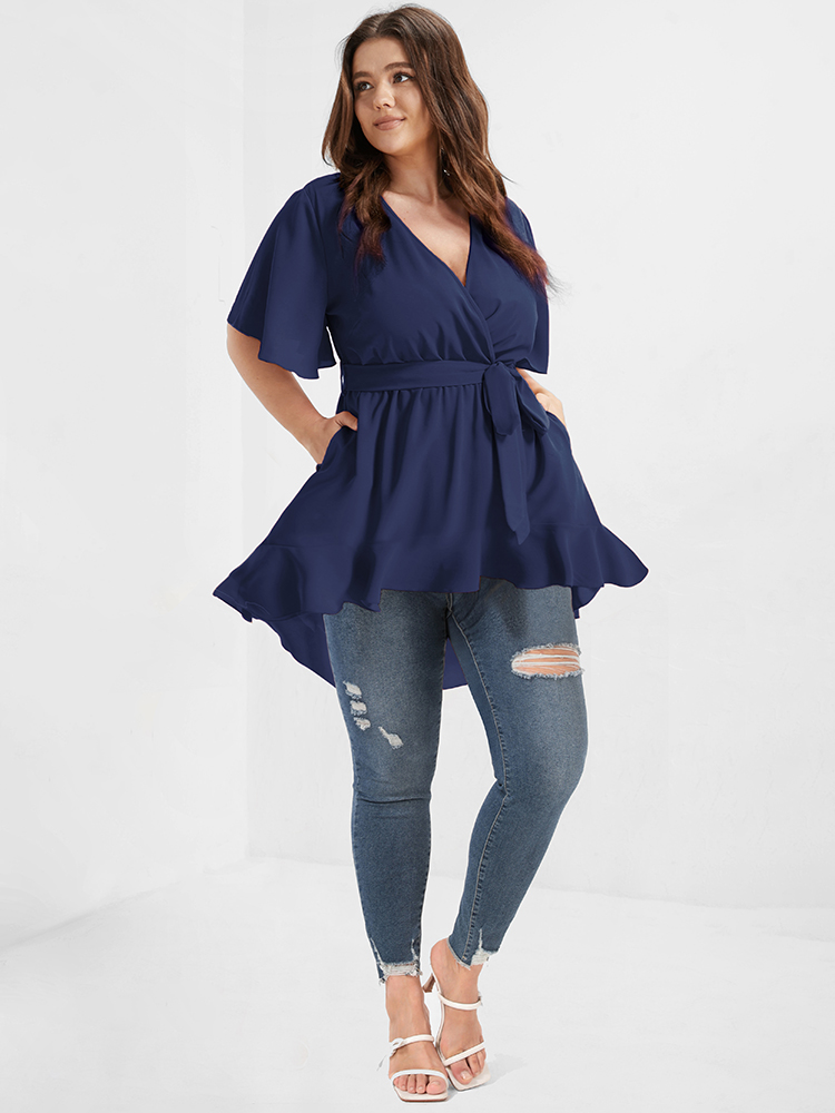 Plus Size DarkBlue Solid Belted Asymmetrical Hem Flutter Wrap Blouse Women Elegant Short sleeve V-neck Dailywear Blouses BloomChic 28/5X 